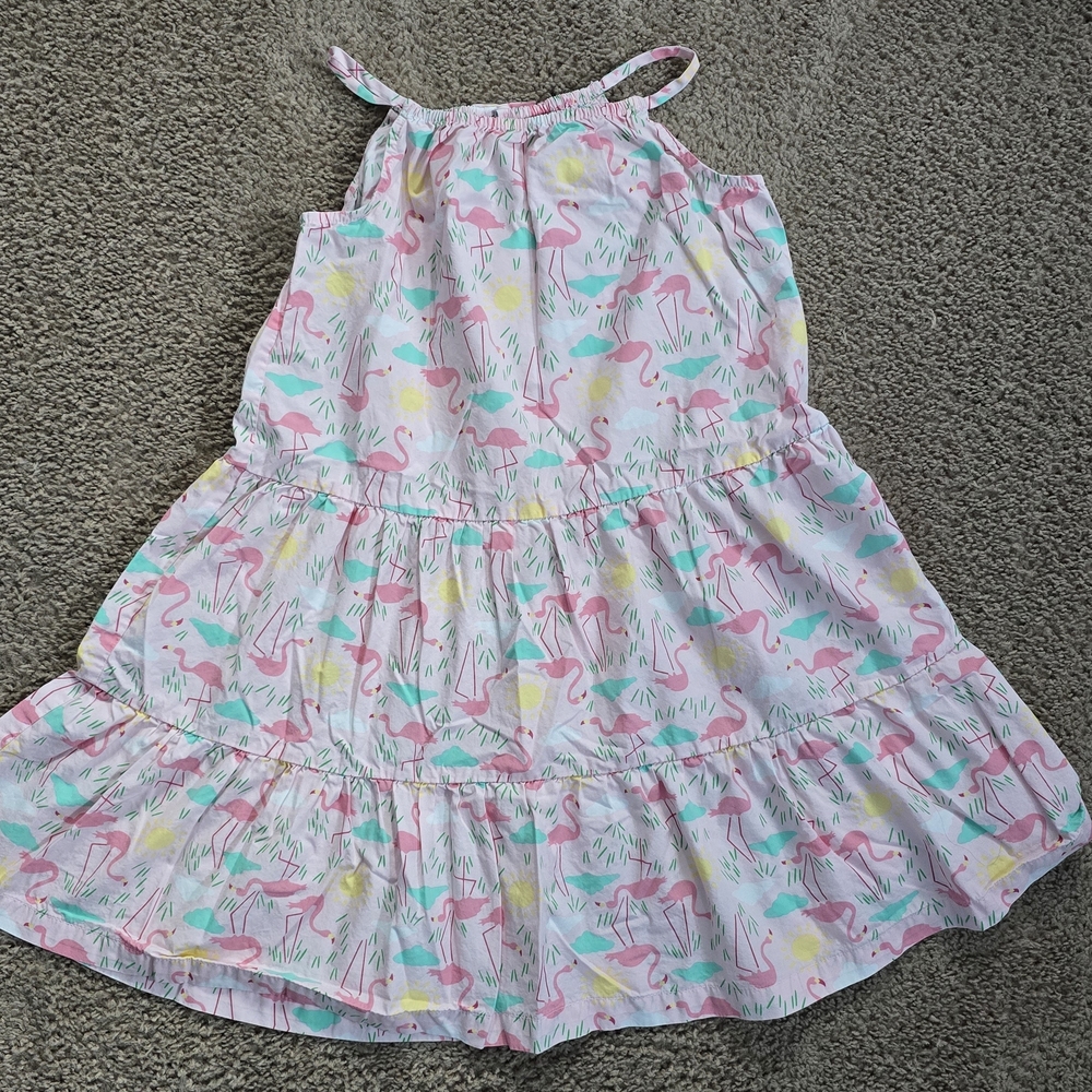 Hanna Andersson Tiered Halter Sleeveless Flamingo Summer Dress Sz 120 6-8